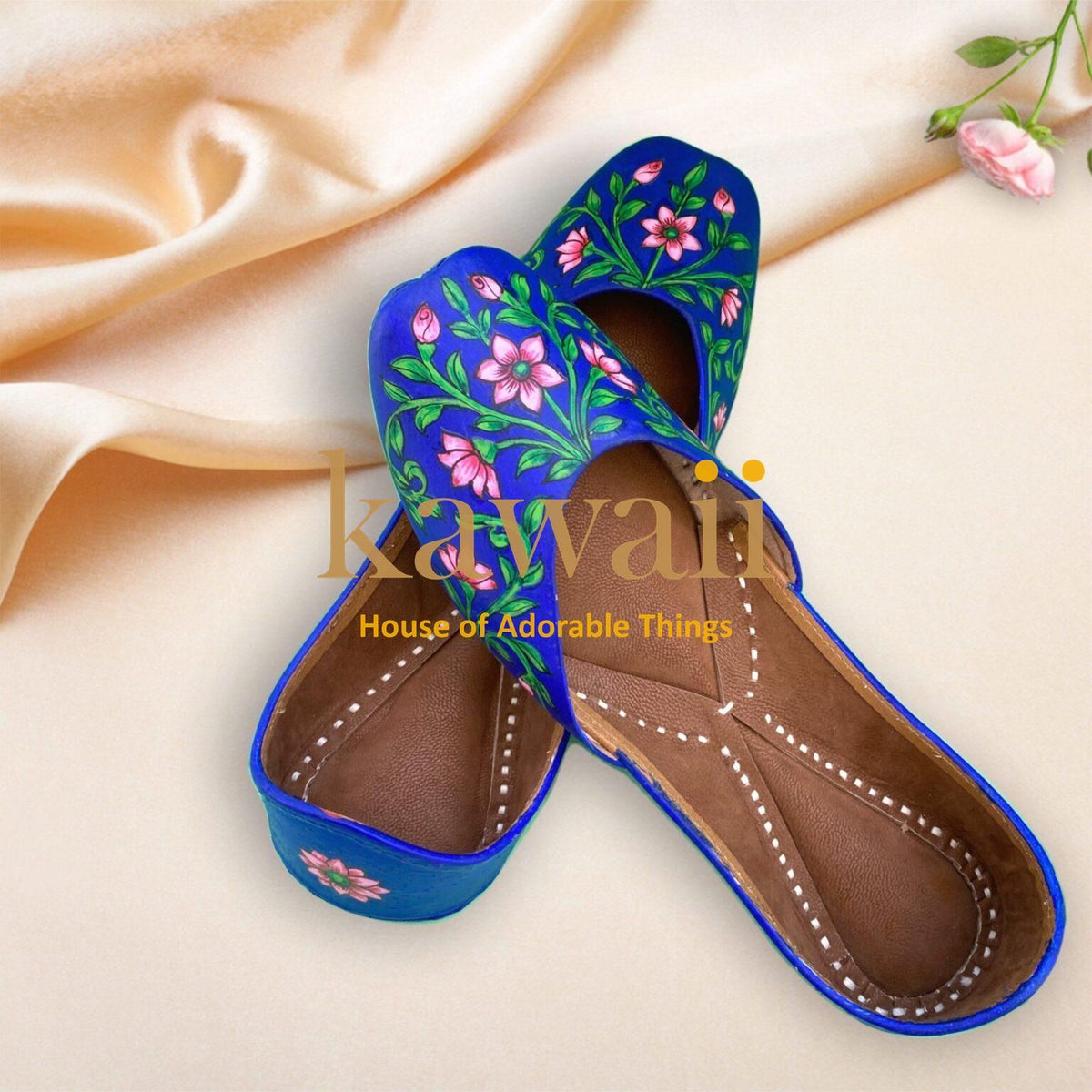 Regal Roseate- Floral Handpainted Handcrafted Mojris in Blue by Kawaii - Women Ethnic Footwear