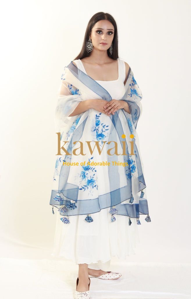 Numaan Blue Florals Handpainted Organza Dupatta