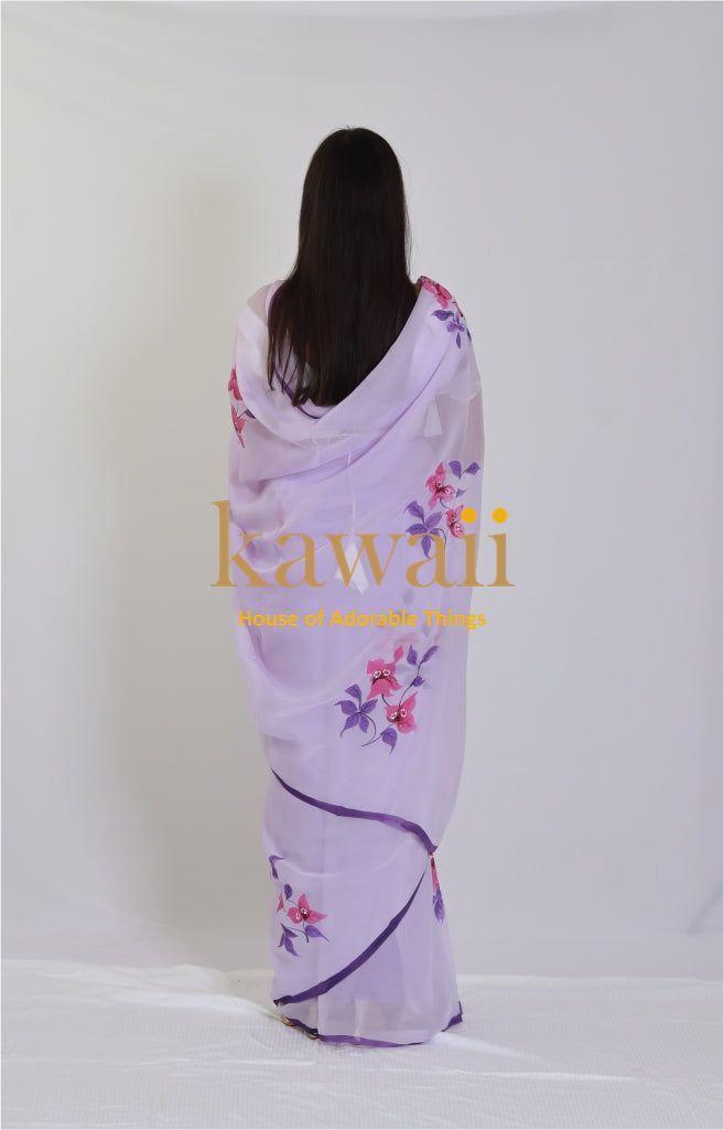 Lilac Lavendar Handapinted  Organza Saree