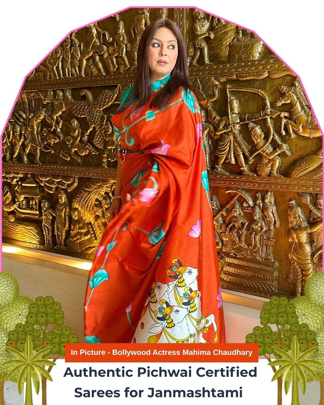 Rumi Sacred Cow & Lotus Orange Pichwai Saree