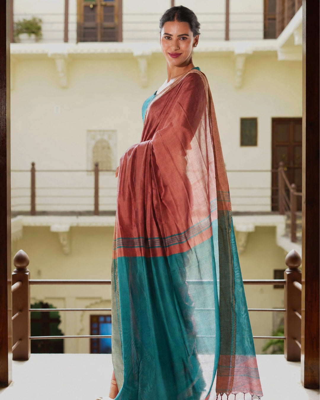 Vindhya Teal & Dusty Rose Handloom Cotton Saree