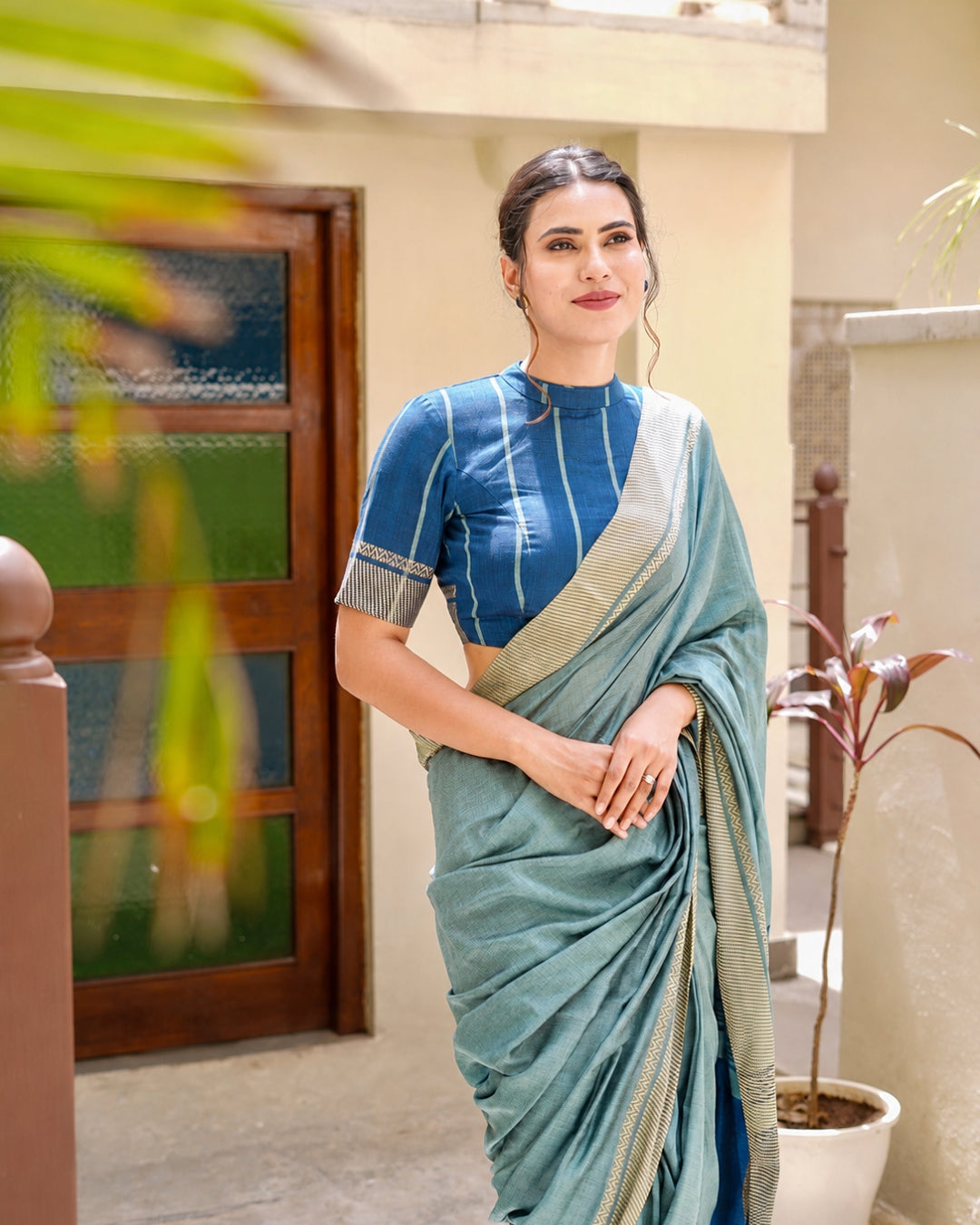Amara Sage Green and Deep Blue Handloom Cotton Saree