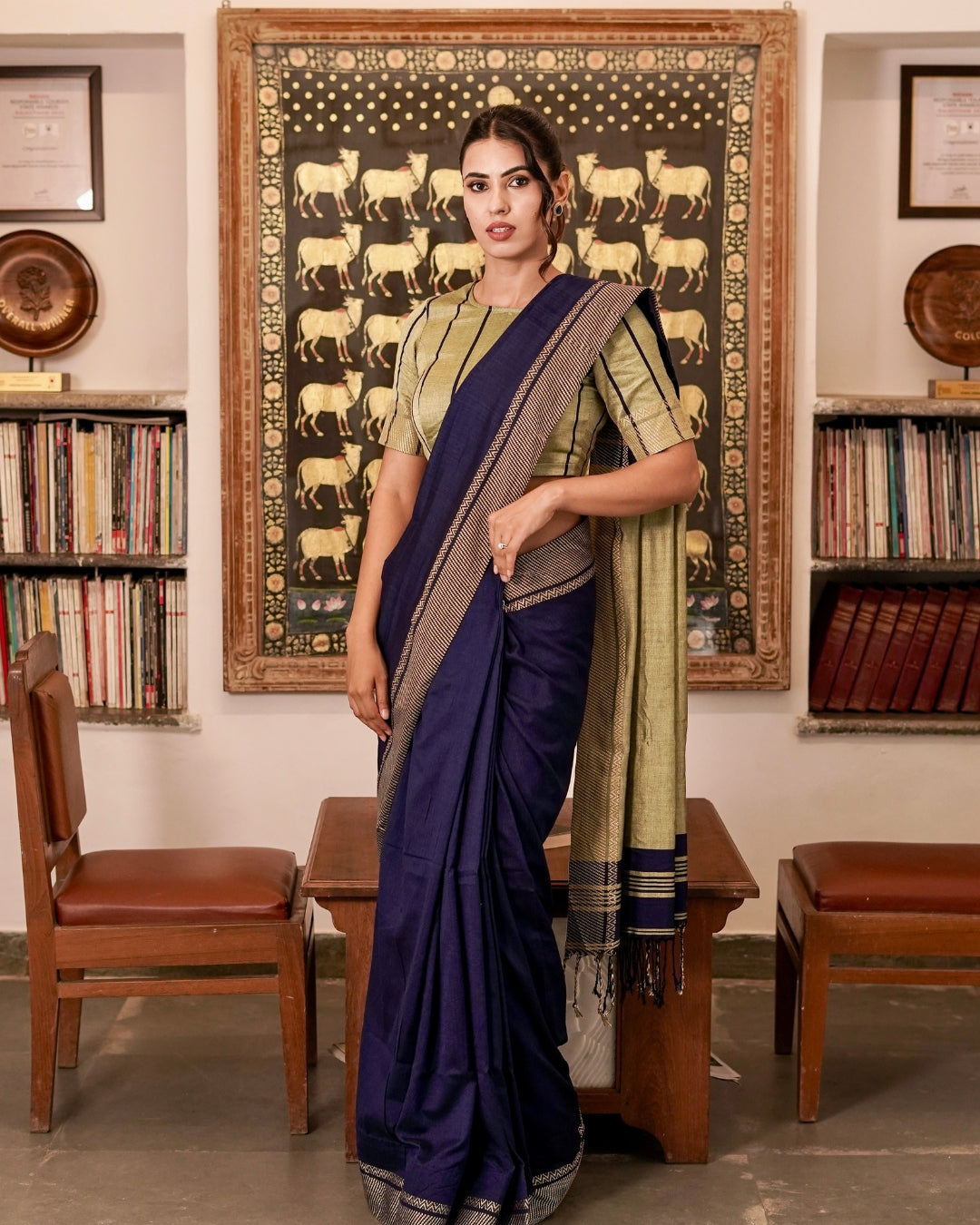 Vaani Royal Blue and Lime Green Handloom Cotton Saree