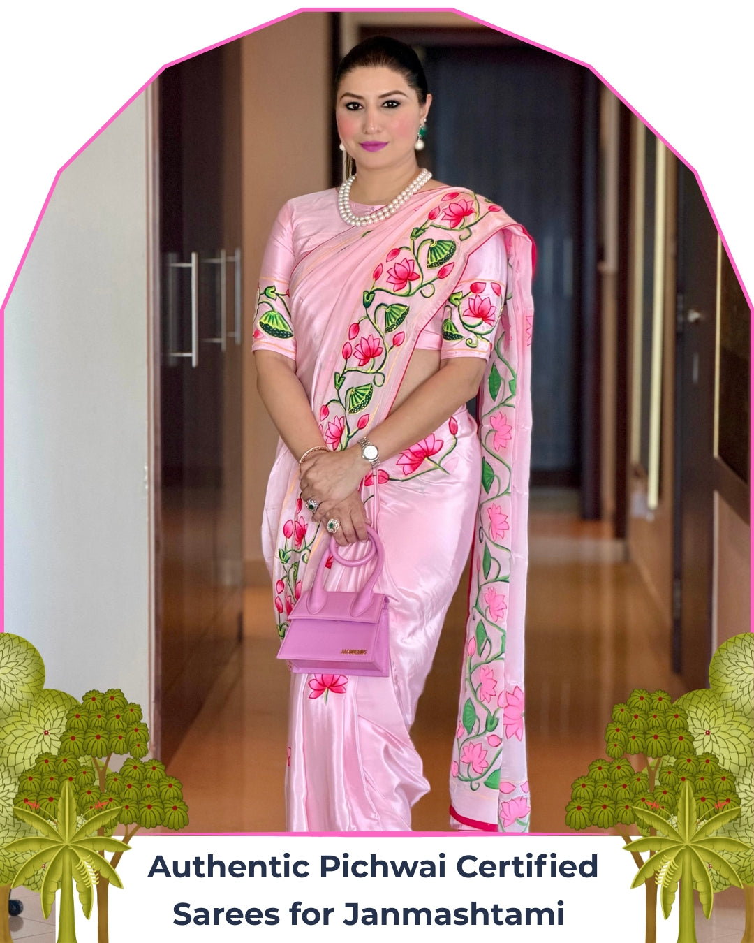 Madhur Pichwai Pink Lotus Handpainted Saree
