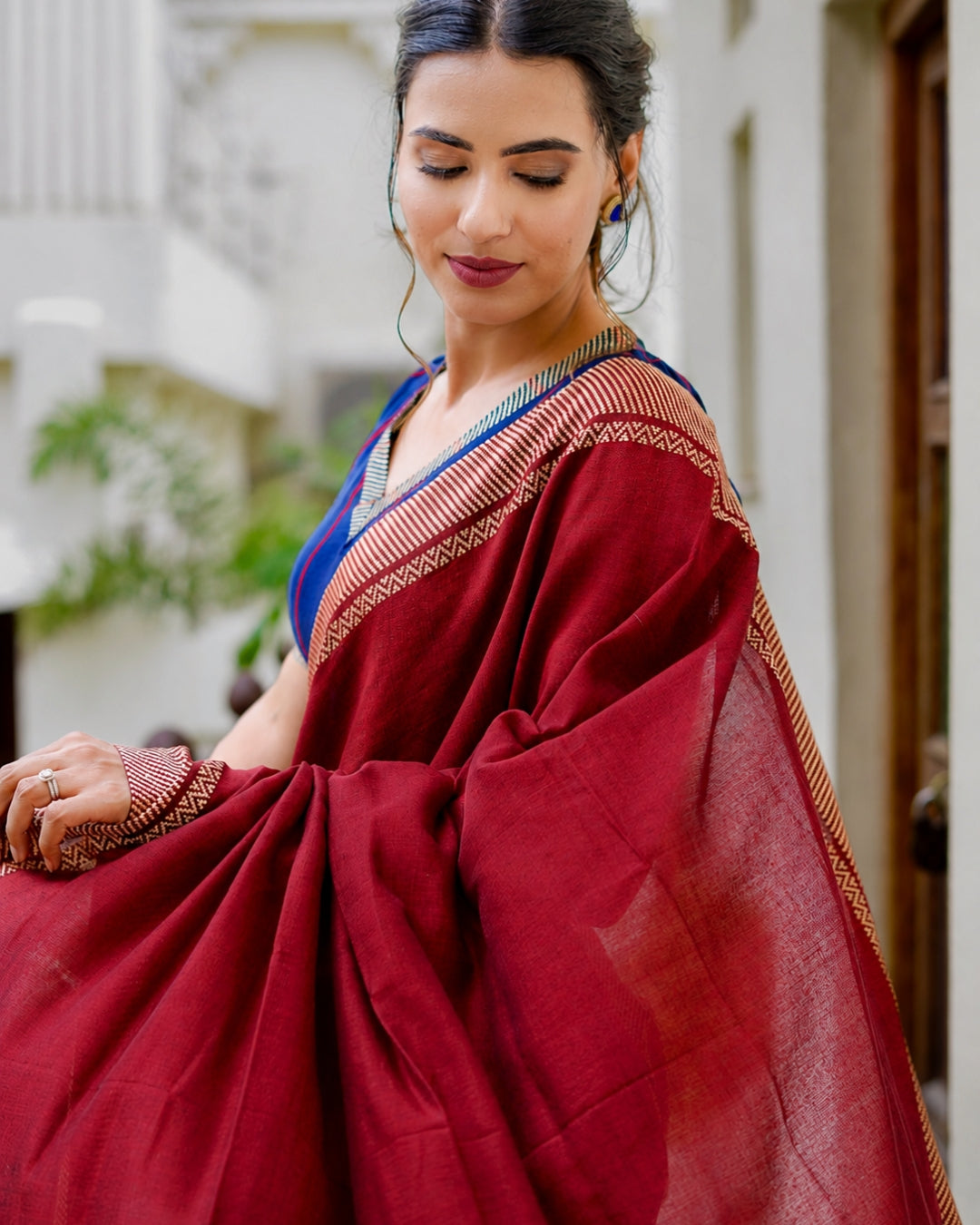 Karma Crimson Red & Royal Blue Handloom Cotton Saree