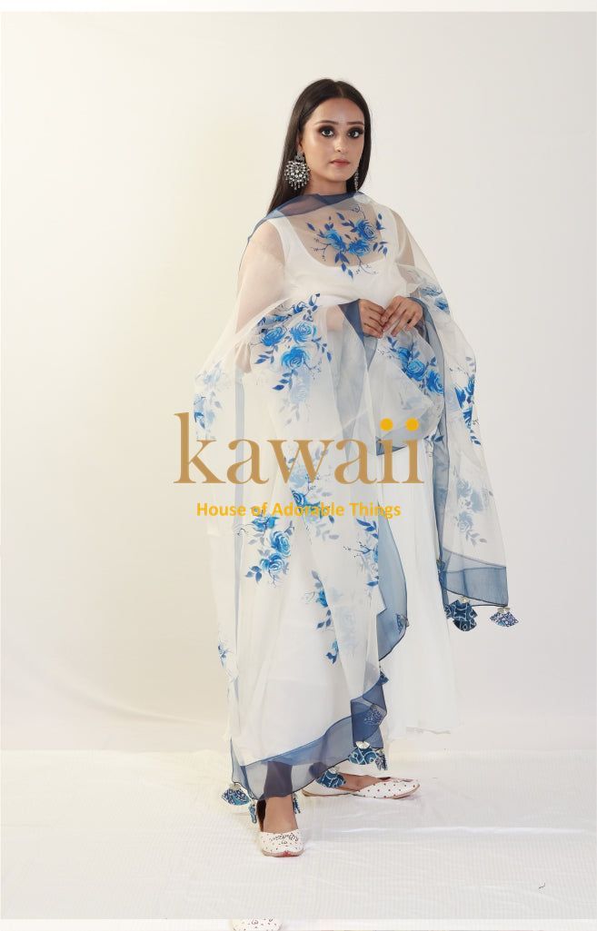 Numaan Blue Florals Handpainted Organza Dupatta