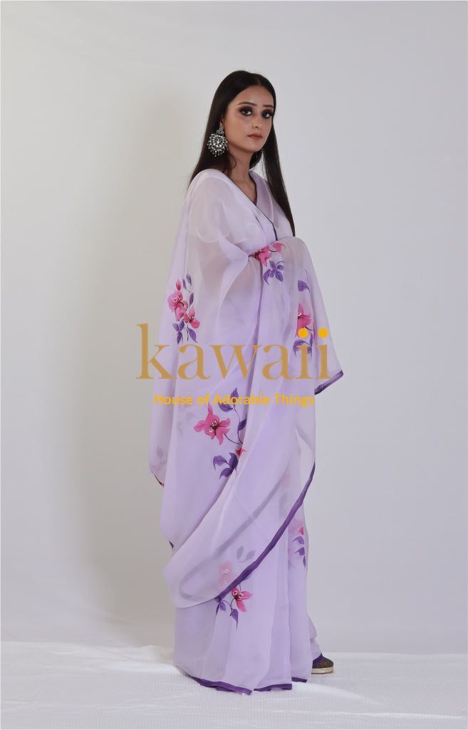 Lilac Lavendar Handapinted  Organza Saree