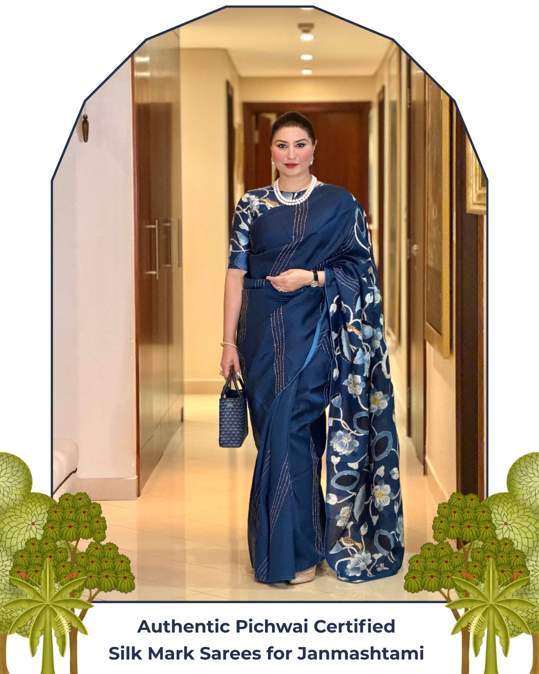 Parnika Pichwai Lotus Royal Blue Kantha Work Handpainted Saree