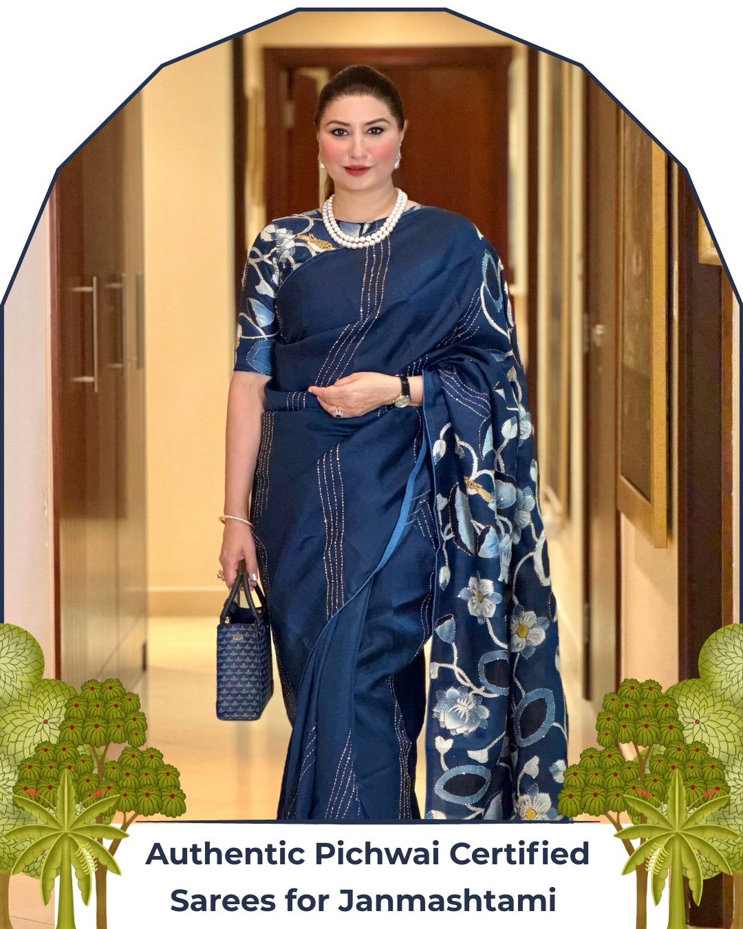Parnika Pichwai Lotus Royal Blue Kantha Work Handpainted Saree