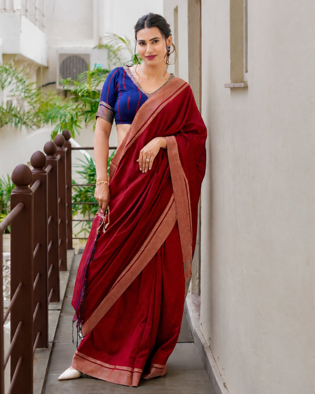 Karma Crimson Red & Royal Blue Handloom Cotton Saree