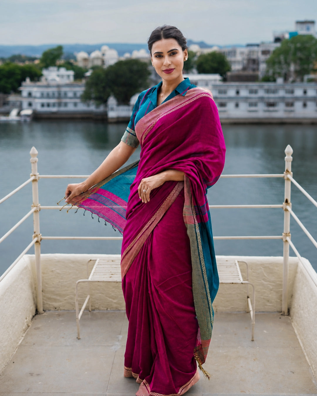 Malaya Magenta and Teal Handloom Cotton Saree
