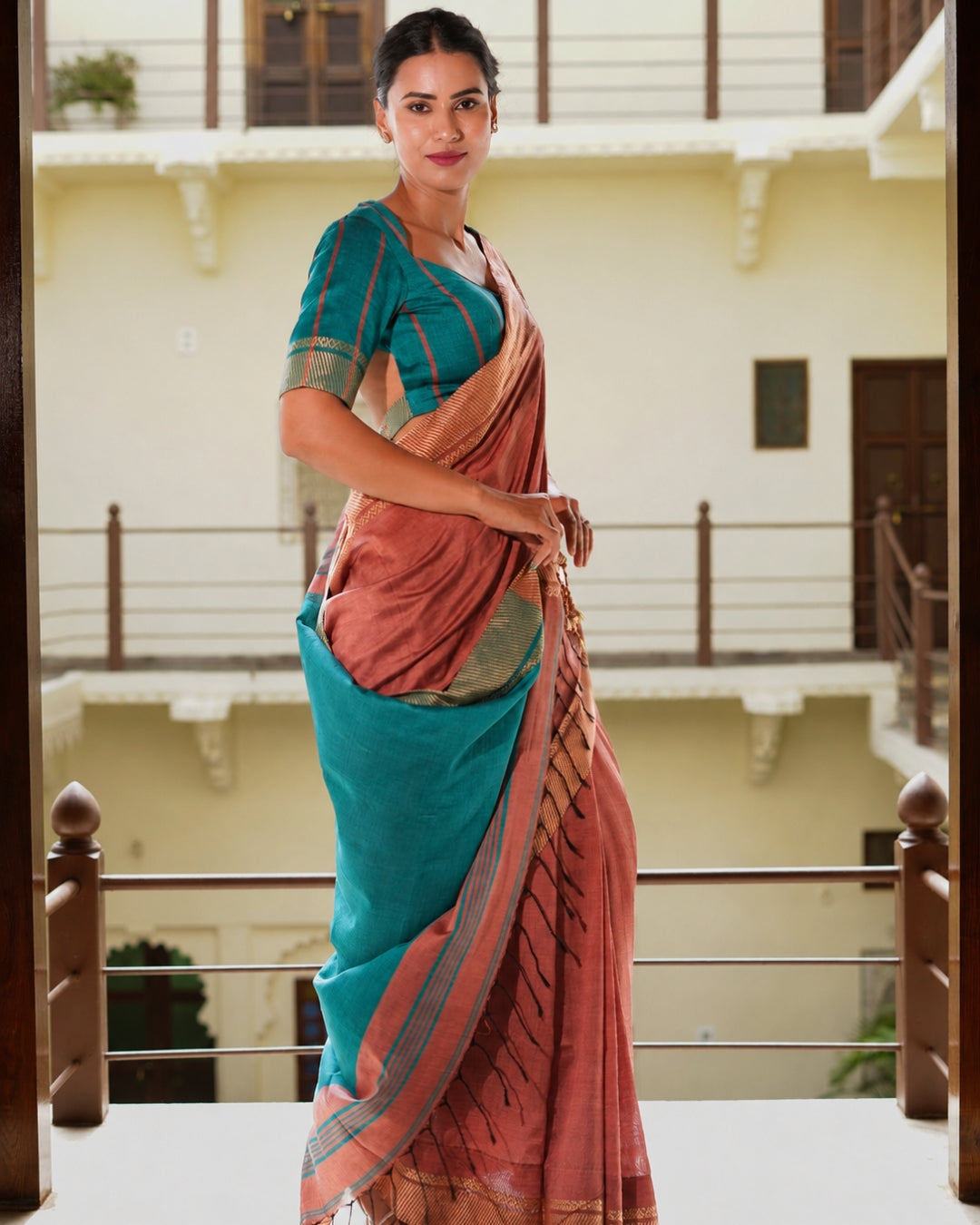 Vindhya Teal & Dusty Rose Handloom Cotton Saree