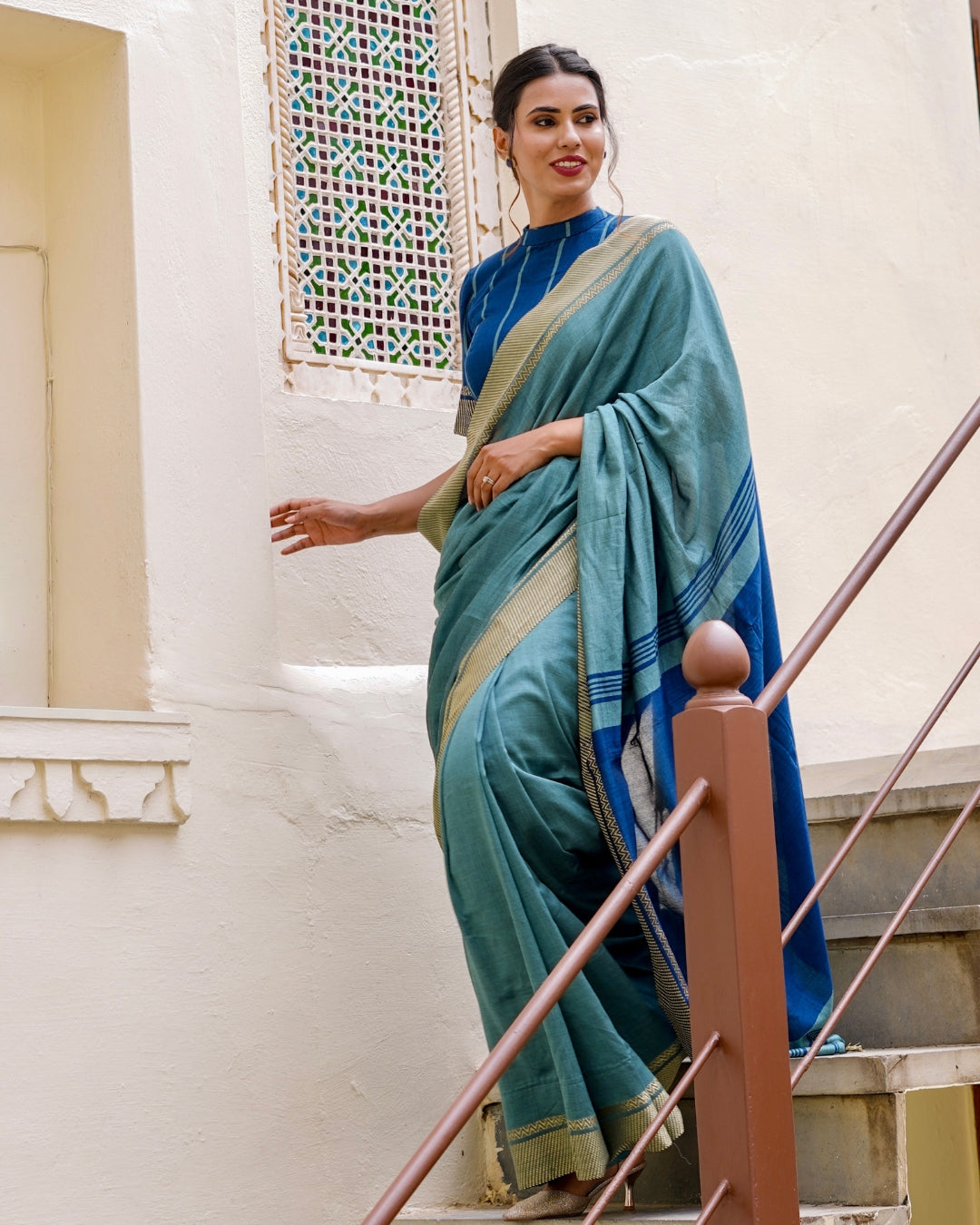 Amara Sage Green and Deep Blue Handloom Cotton Saree