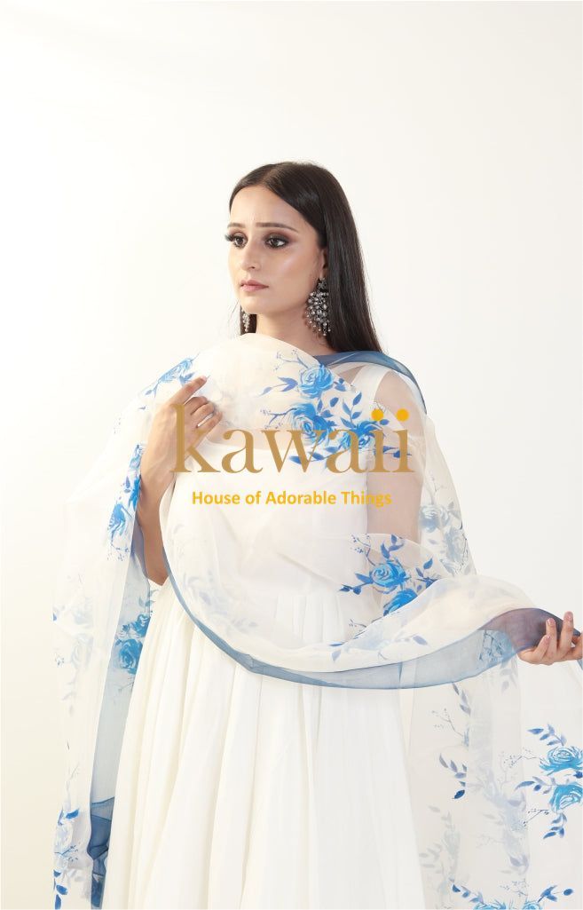 Numaan Blue Florals Handpainted Organza Dupatta