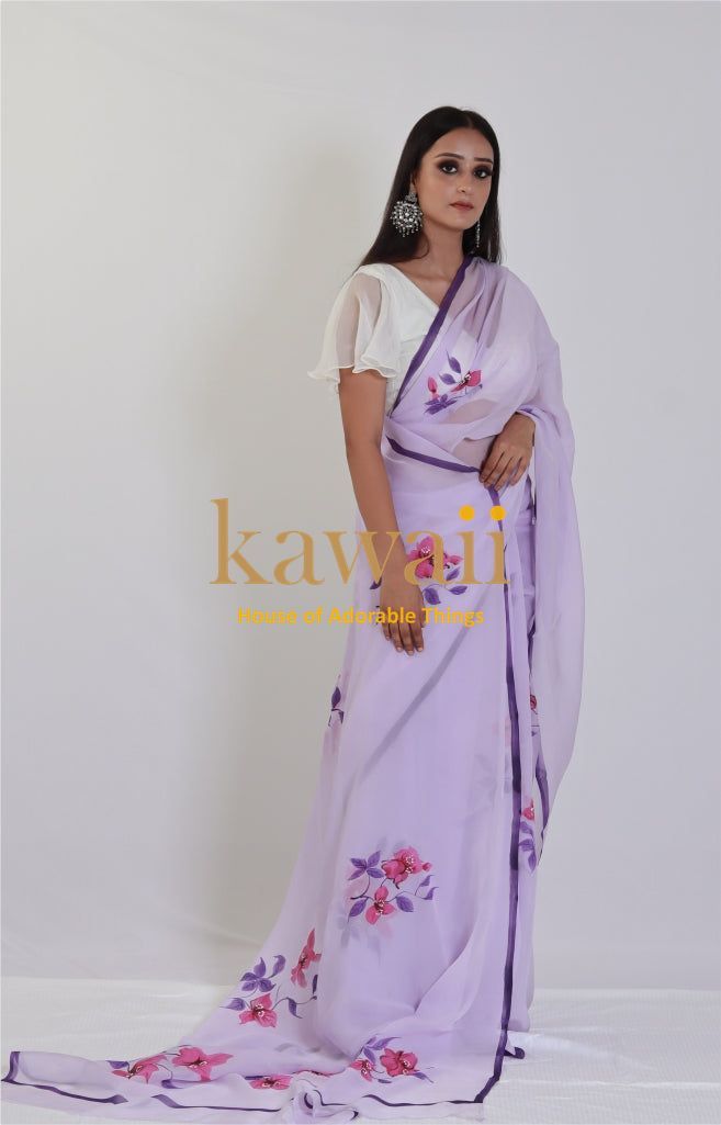 Lilac Lavendar Handapinted  Organza Saree