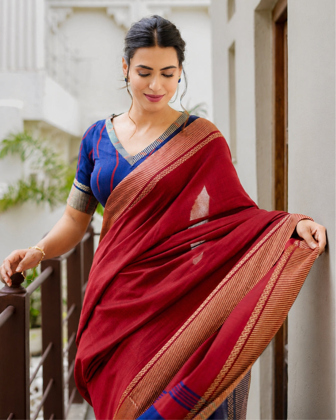 Karma Crimson Red & Royal Blue Handloom Cotton Saree