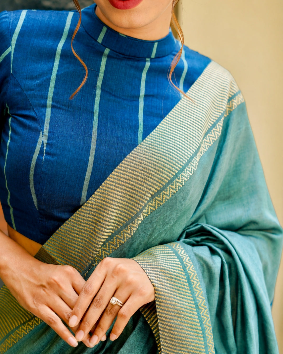Amara Sage Green and Deep Blue Handloom Cotton Saree