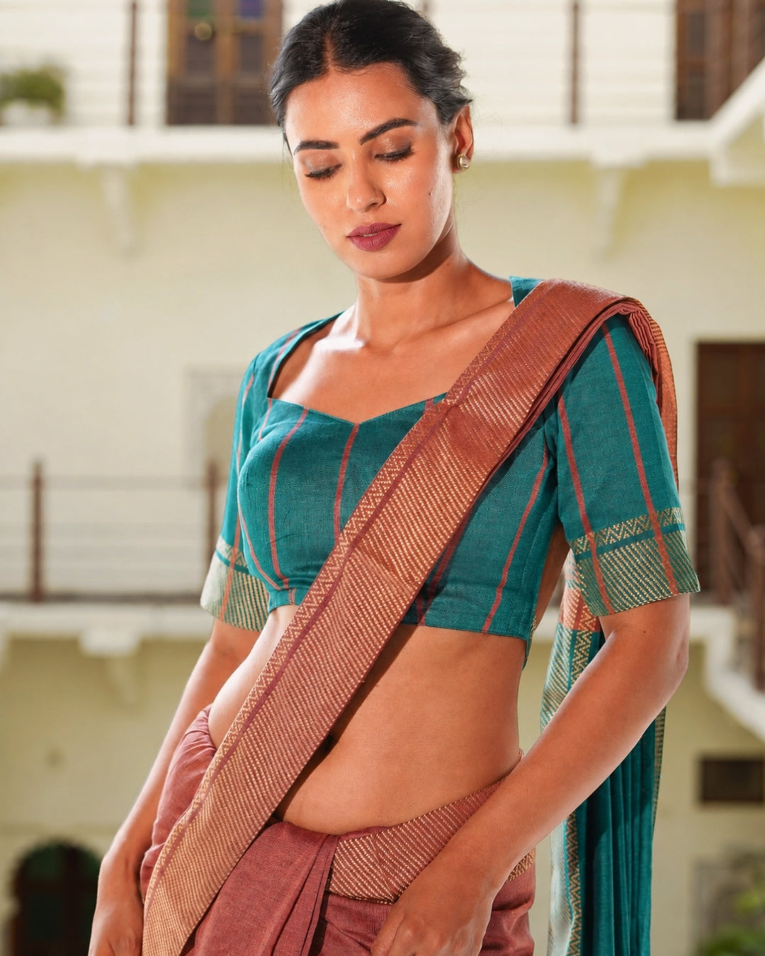 Vindhya Teal & Dusty Rose Handloom Cotton Saree