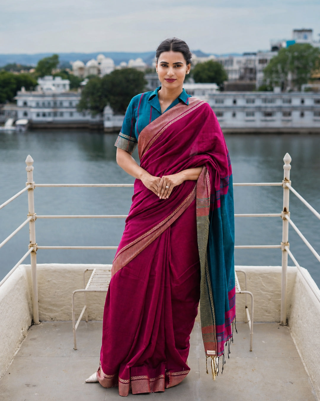 Malaya Magenta and Teal Handloom Cotton Saree