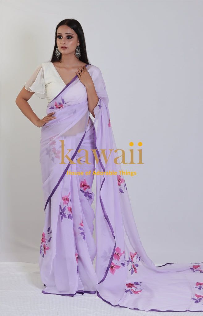 Lilac Lavendar Handapinted  Organza Saree