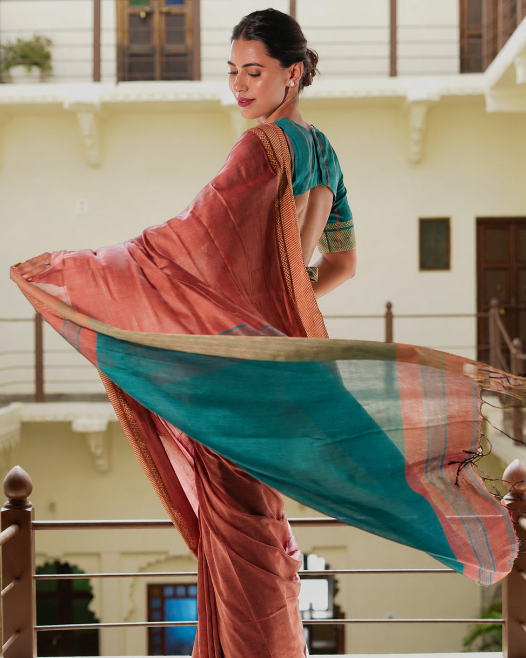Vindhya Teal & Dusty Rose Handloom Cotton Saree