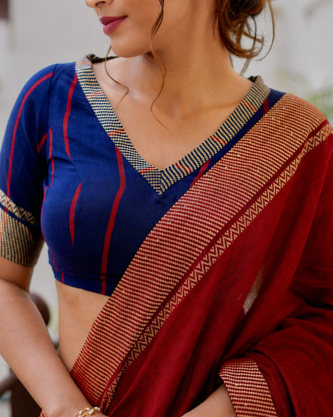 Karma Crimson Red & Royal Blue Handloom Cotton Saree