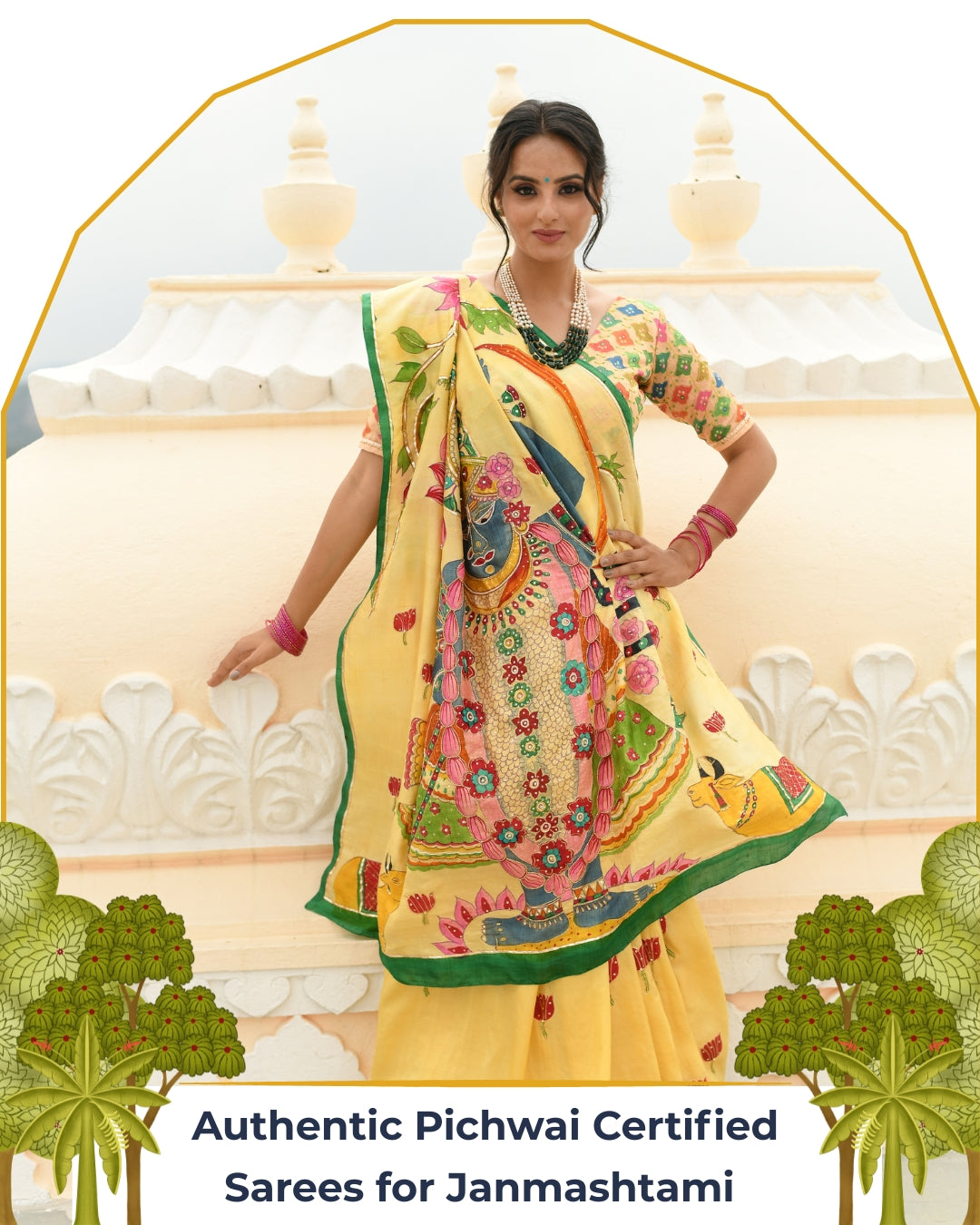 Shreenathji Handpainted Yellow Pichwai Saree
