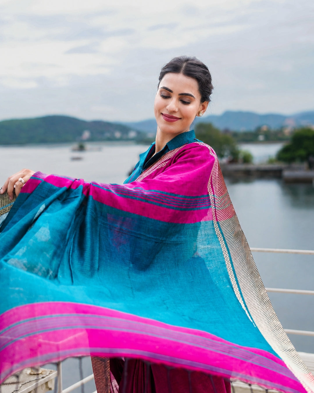Malaya Magenta and Teal Handloom Cotton Saree