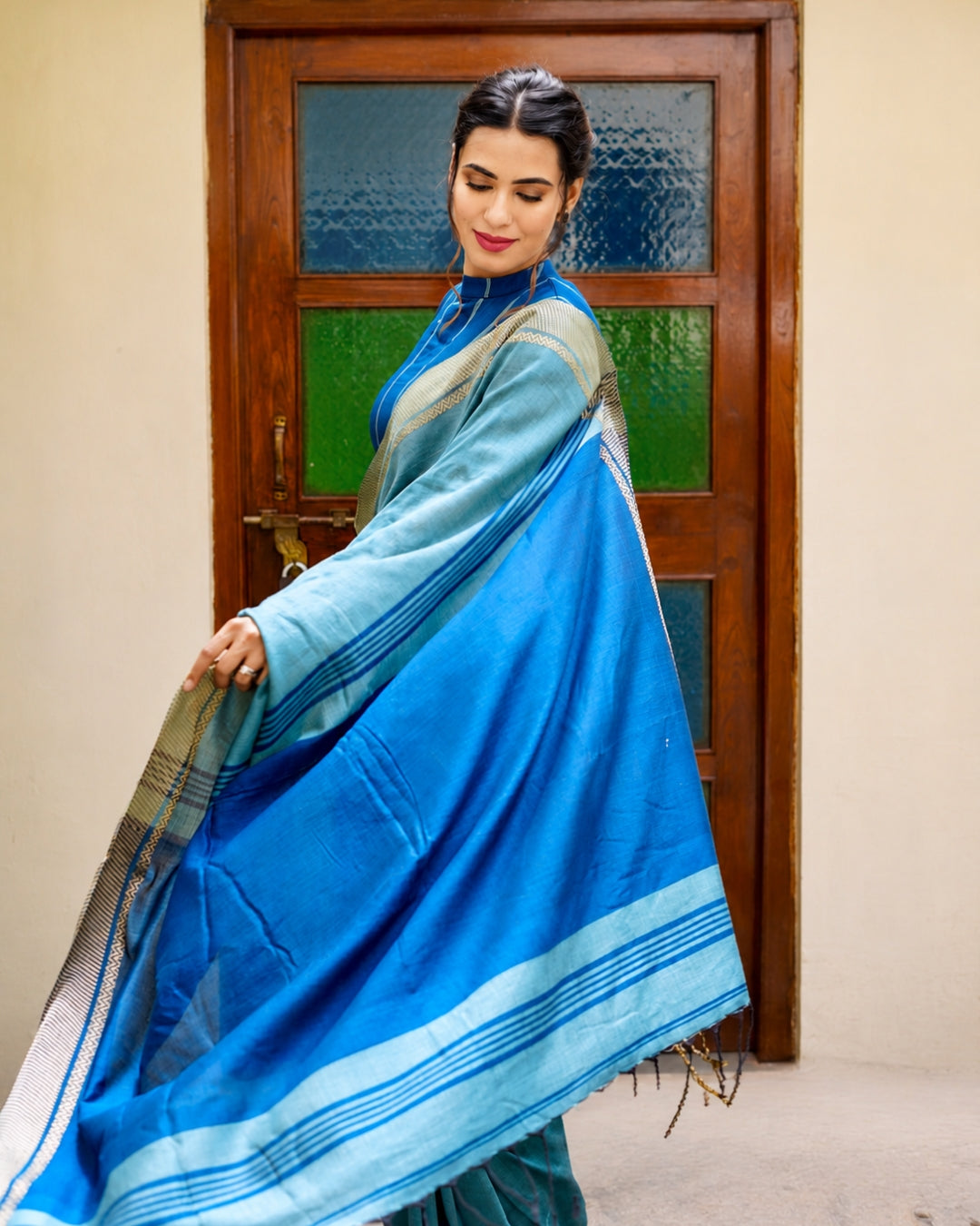 Amara Sage Green and Deep Blue Handloom Cotton Saree