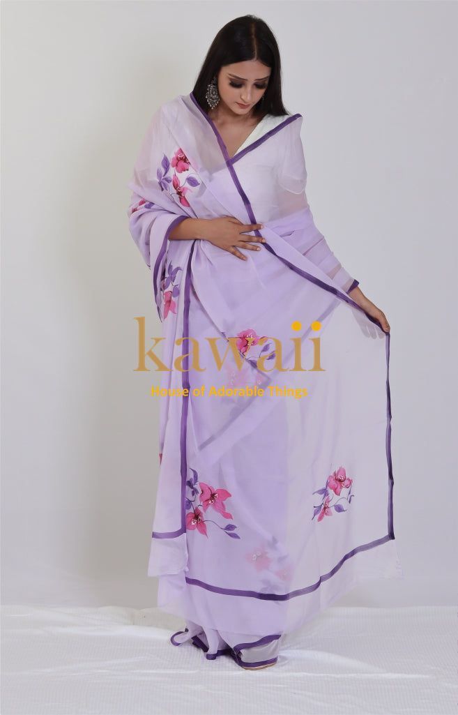 Lilac Lavendar Handapinted  Organza Saree