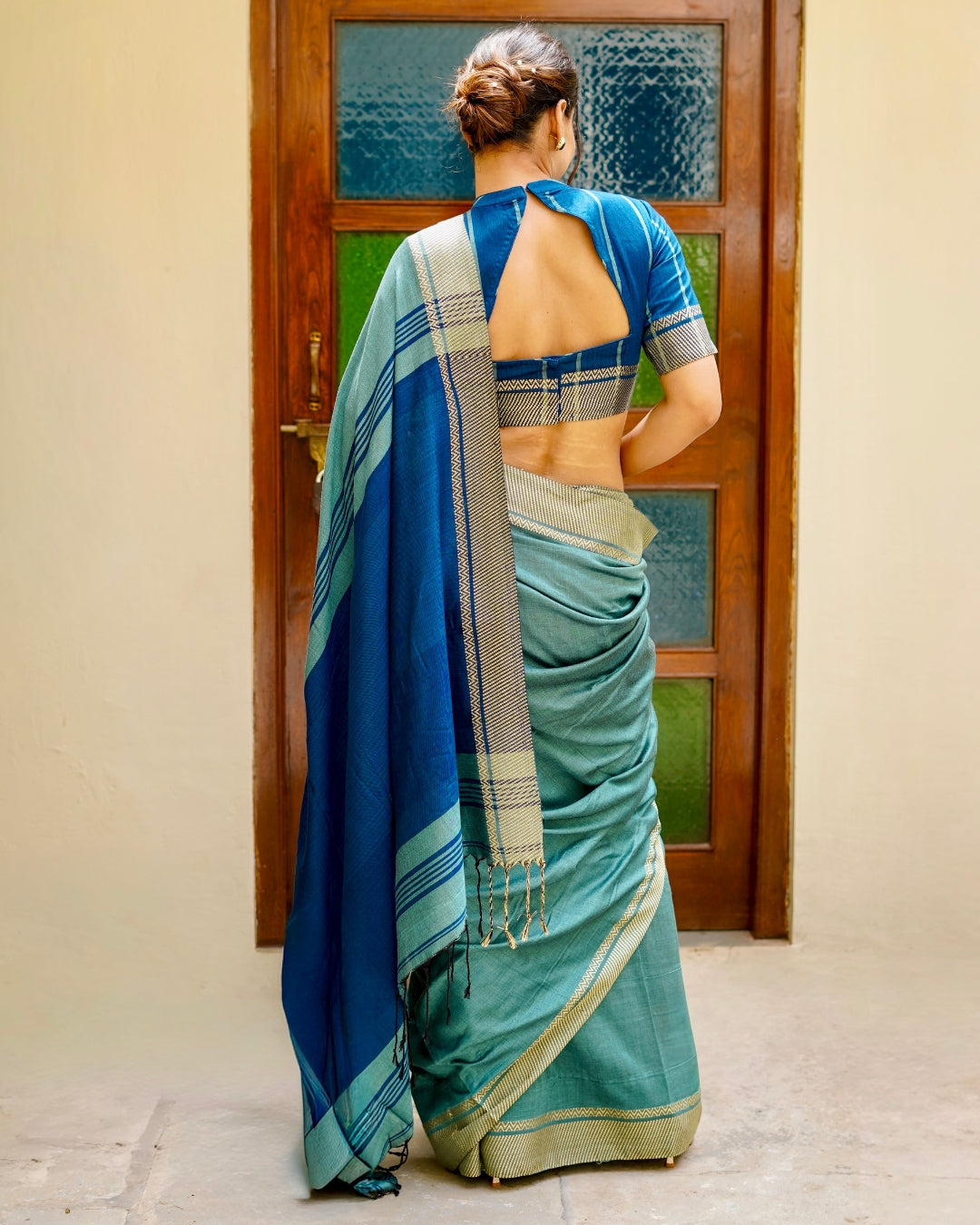 Amara Sage Green and Deep Blue Handloom Cotton Saree