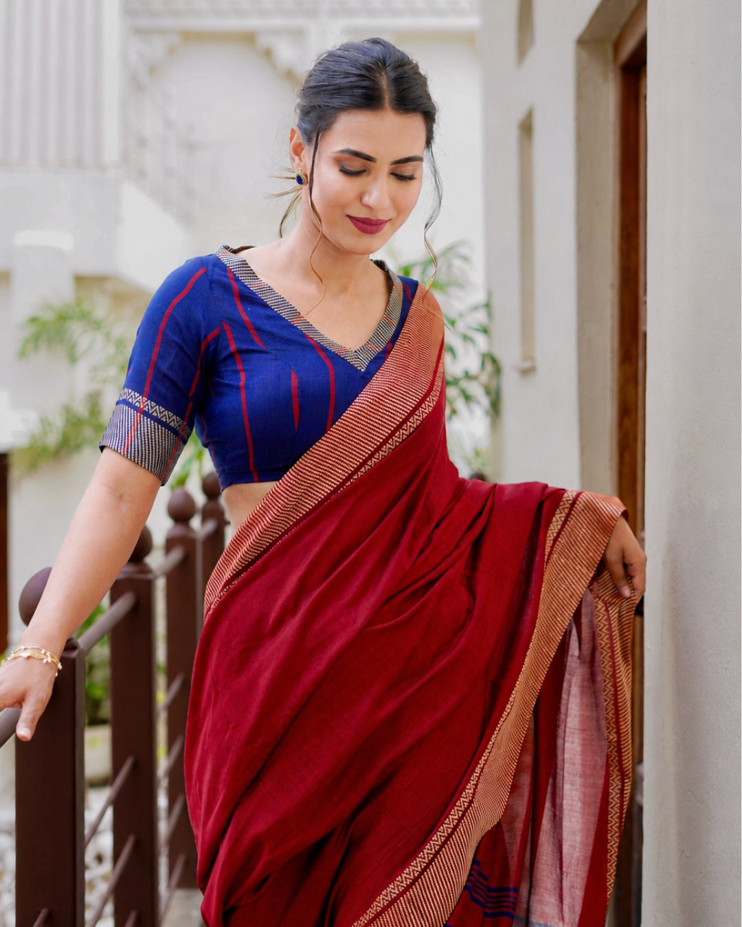 Karma Crimson Red & Royal Blue Handloom Cotton Saree