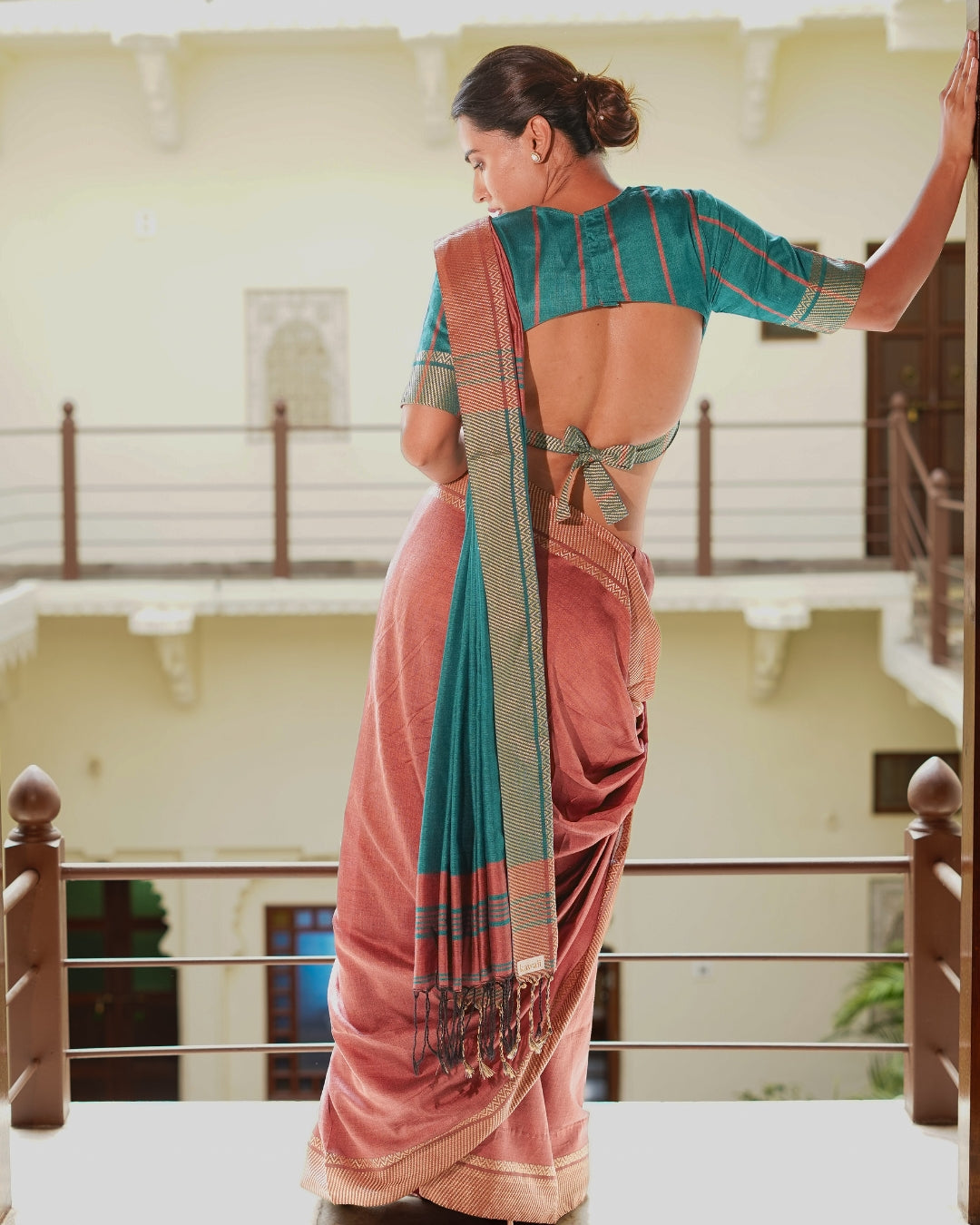 Vindhya Teal & Dusty Rose Handloom Cotton Saree