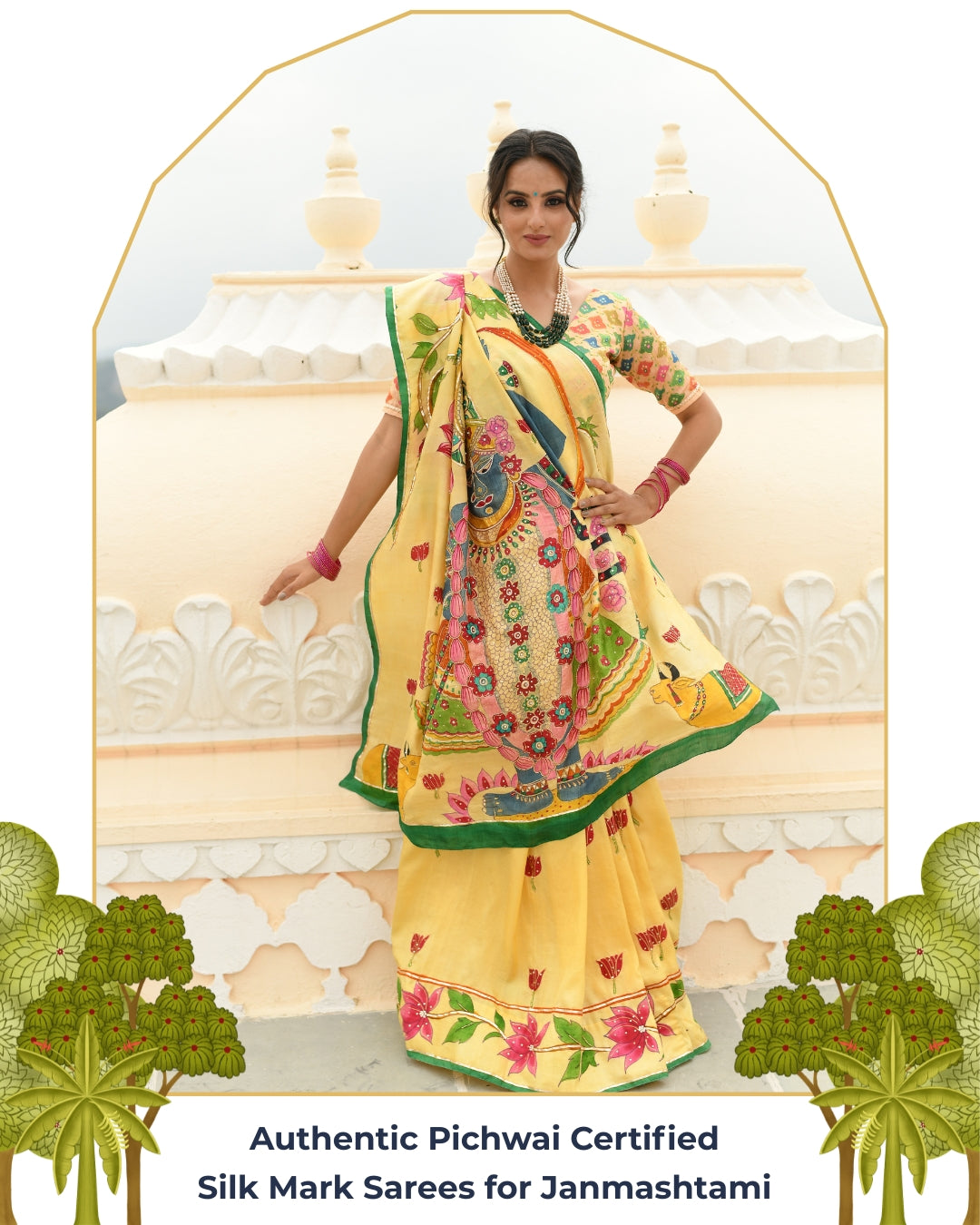 Shreenathji Handpainted Yellow Pichwai Saree