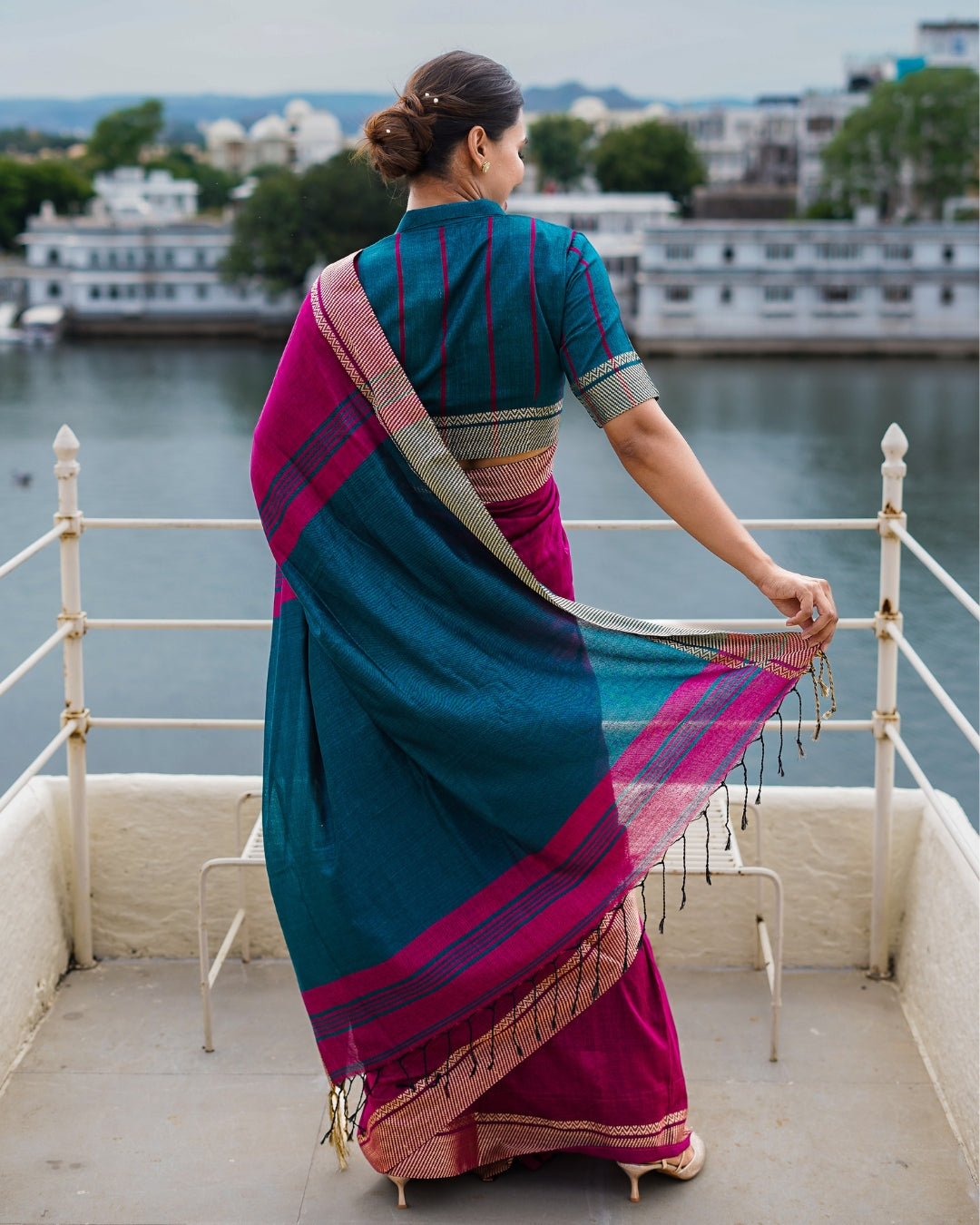 Malaya Magenta and Teal Handloom Cotton Saree