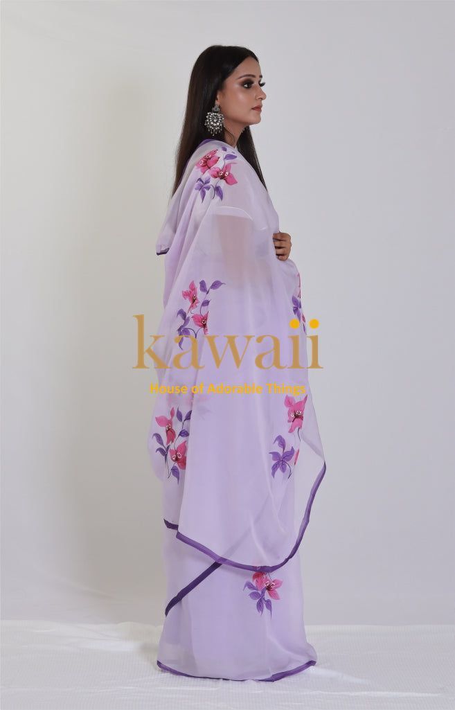 Lilac Lavendar Handapinted  Organza Saree