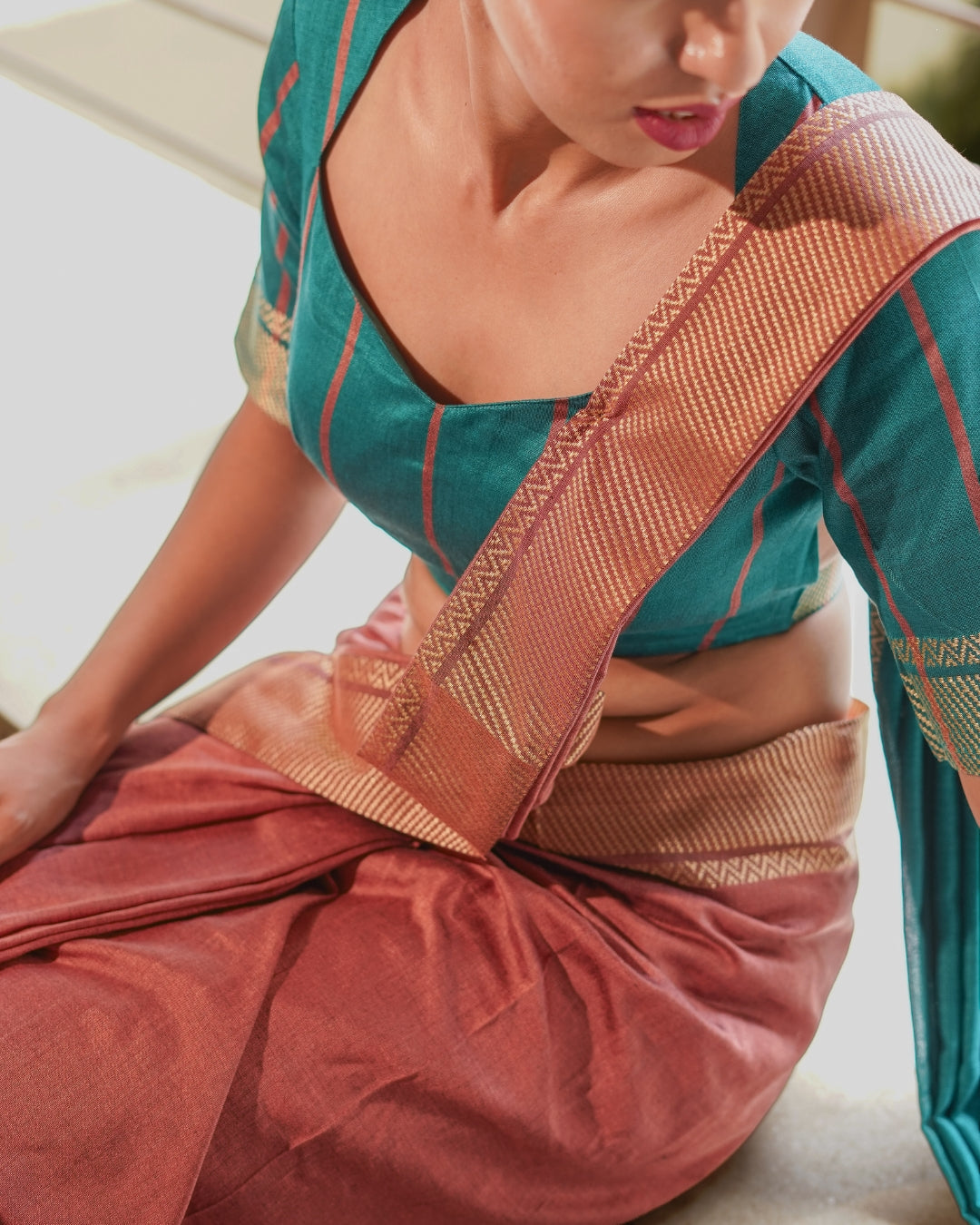 Vindhya Teal & Dusty Rose Handloom Cotton Saree