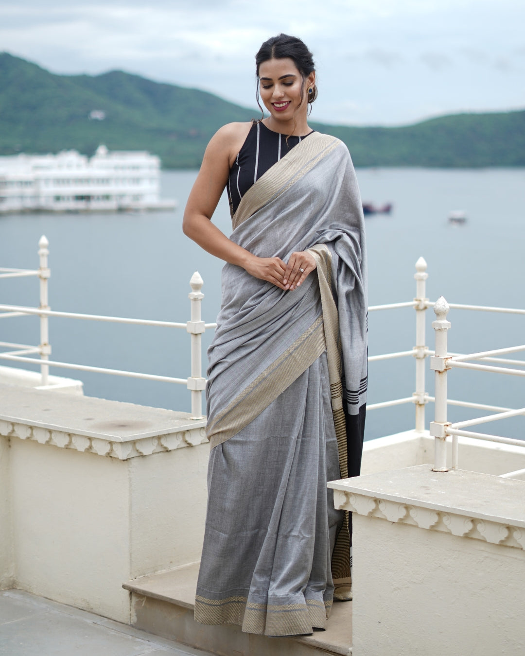 Chola Black and Grey Handloom Cotton Saree