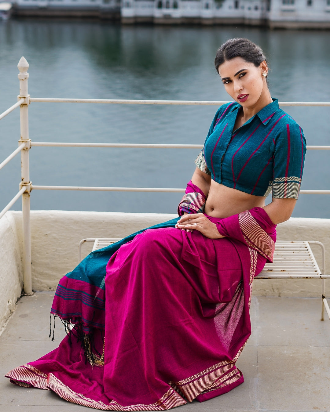 Malaya Magenta and Teal Handloom Cotton Saree