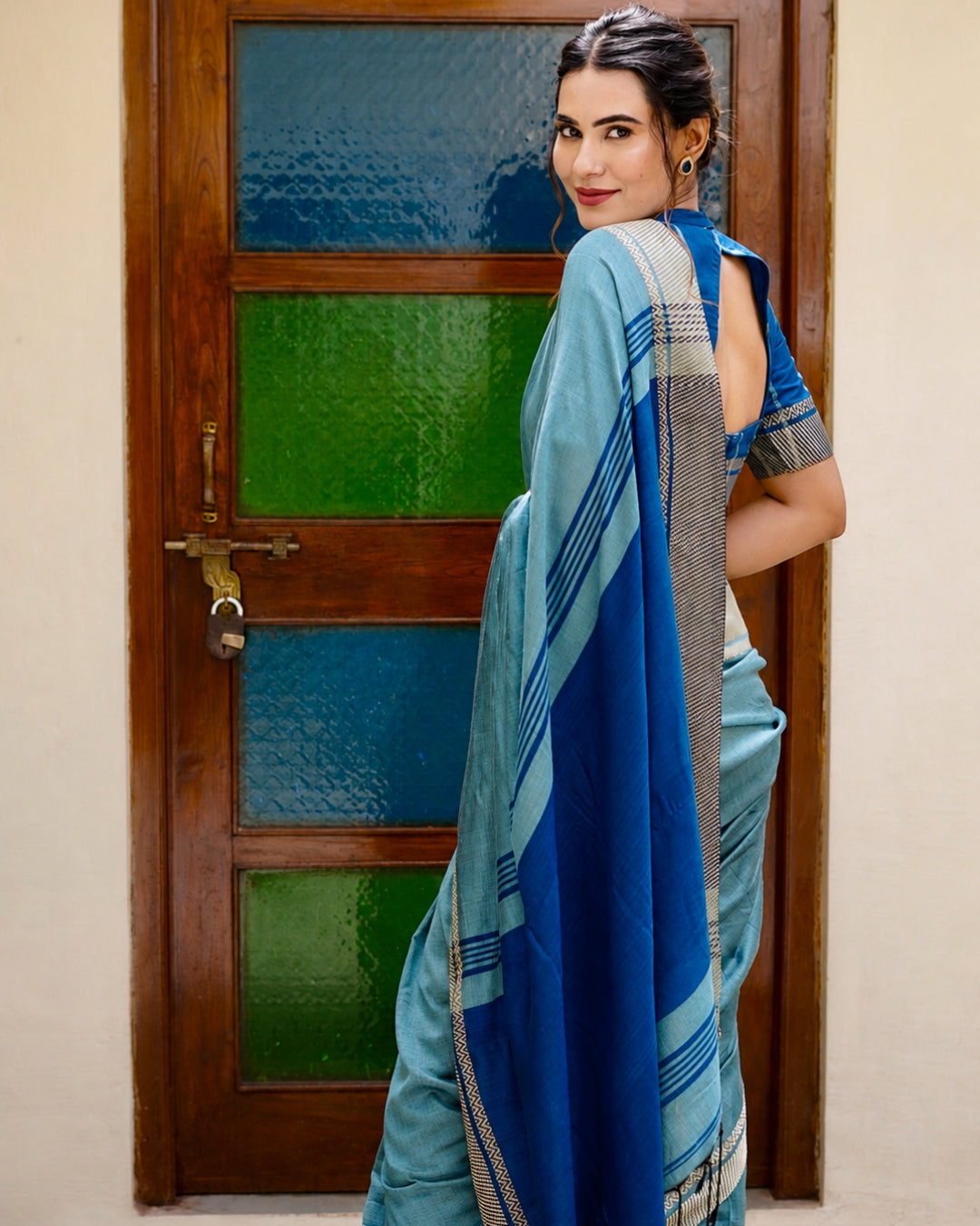 Amara Sage Green and Deep Blue Handloom Cotton Saree