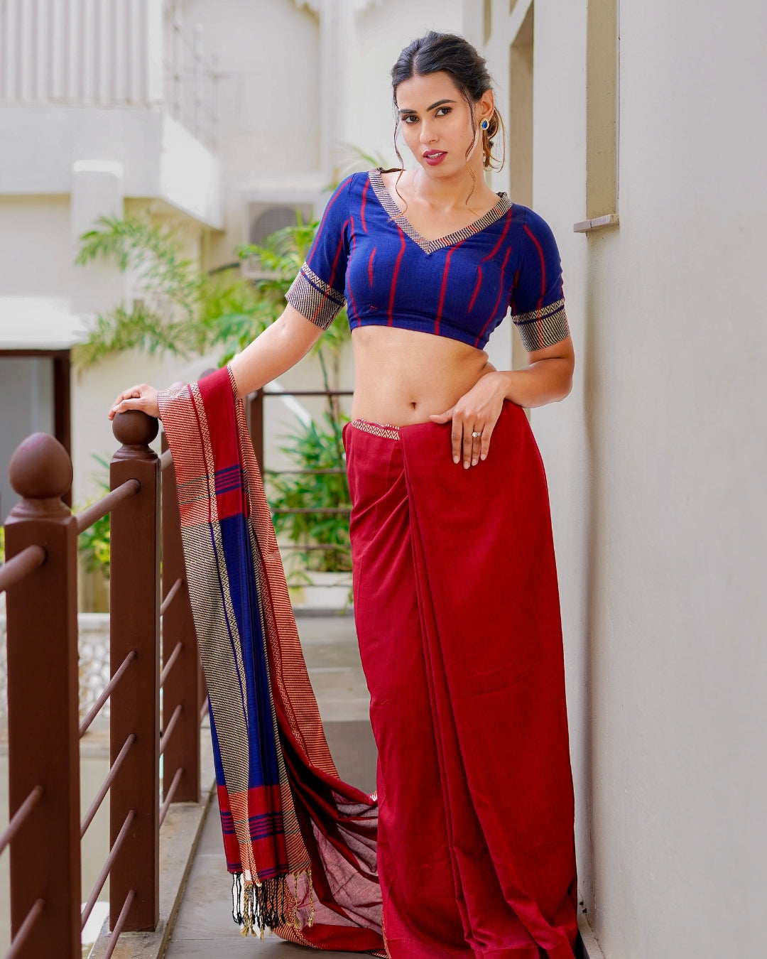 Karma Crimson Red & Royal Blue Handloom Cotton Saree