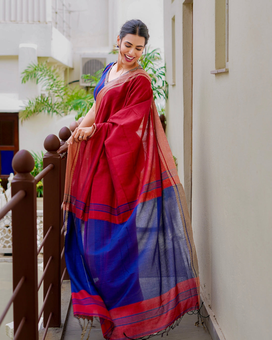 Karma Crimson Red & Royal Blue Handloom Cotton Saree