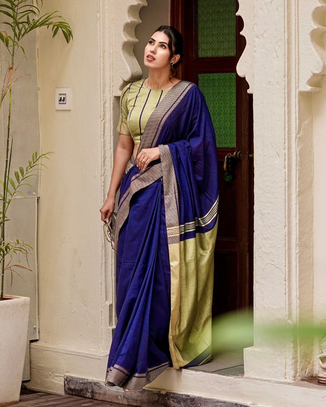 Vaani Royal Blue and Lime Green Handloom Cotton Saree