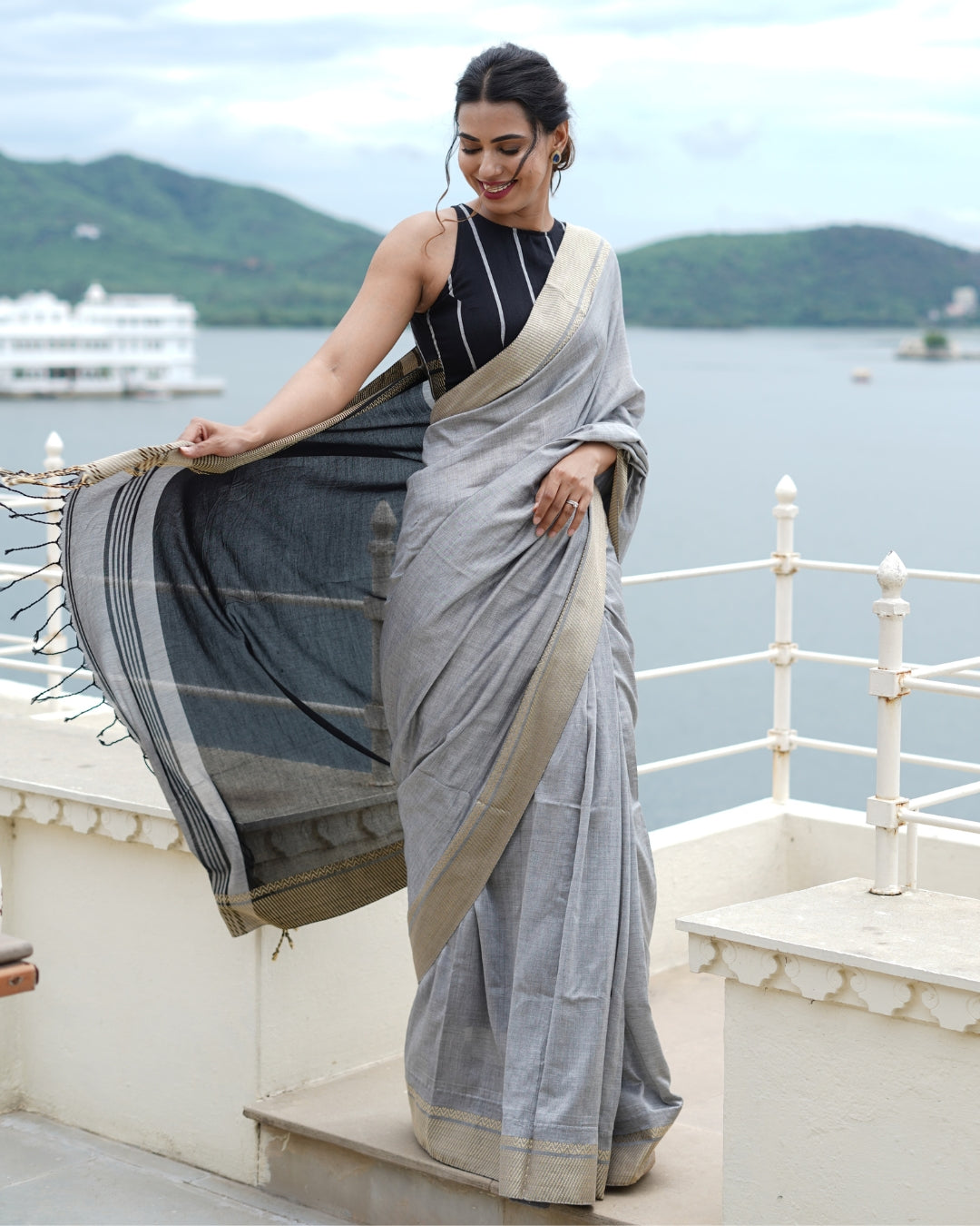 Chola Black and Grey Handloom Cotton Saree