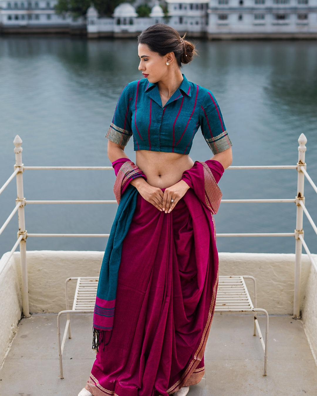 Malaya Magenta and Teal Handloom Cotton Saree