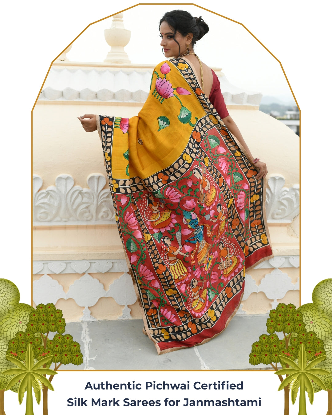 Vijaya Sacred Pichwai Cow Lotus and Shrinath Ji Handpainted Pichwai Saree