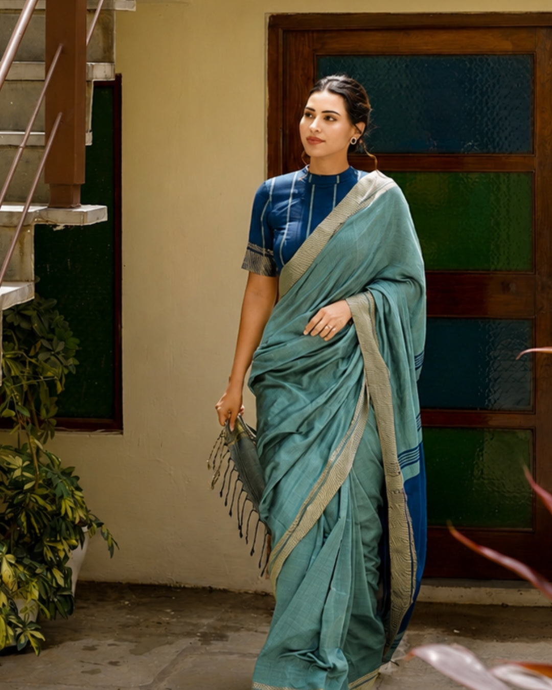 Amara Sage Green and Deep Blue Handloom Cotton Saree