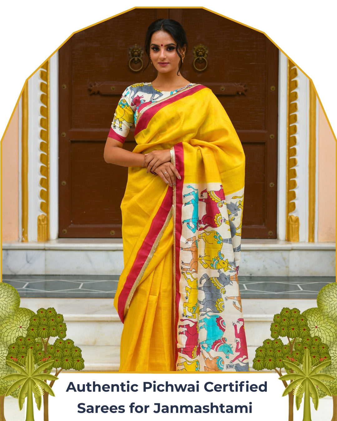 Chitra Sacred Pichwai Cows Yellow Handpainted Saree