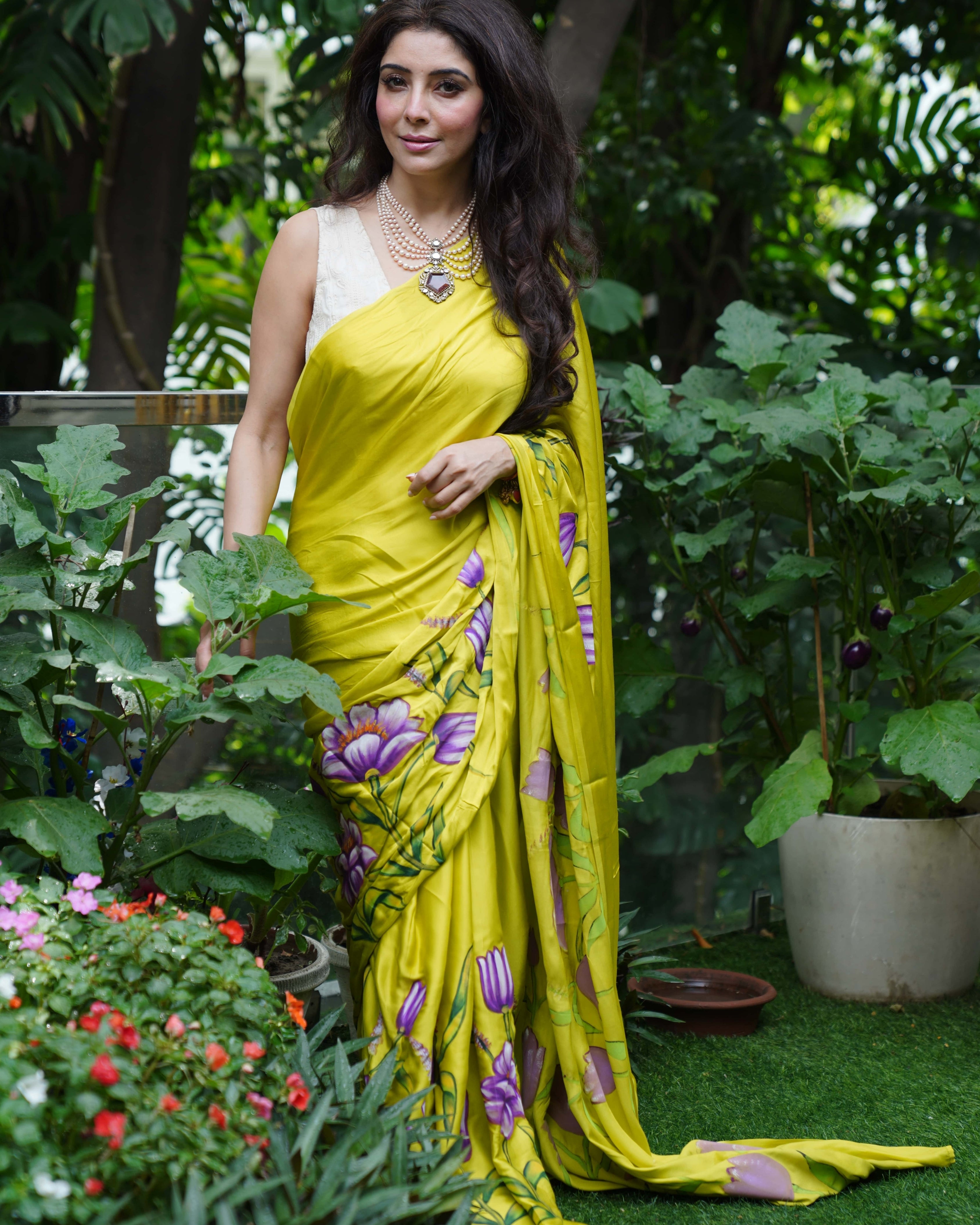 Dr. Jai Madaan in Khanak Floral Handpainted Saree