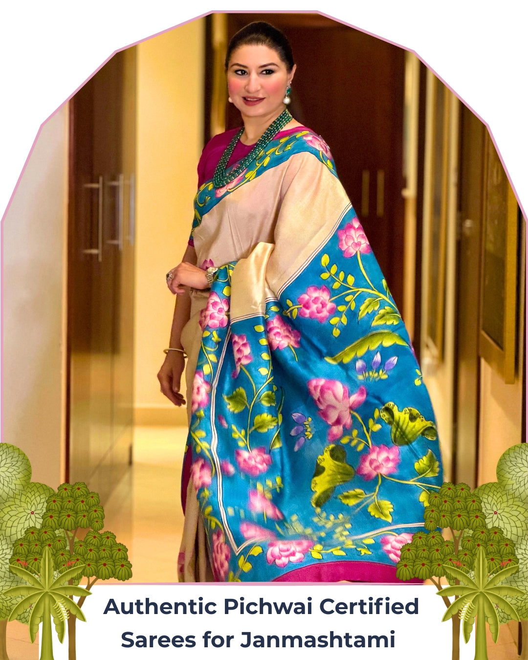 Roha Handpainted Lotus Blue & Beige Pichwai Saree